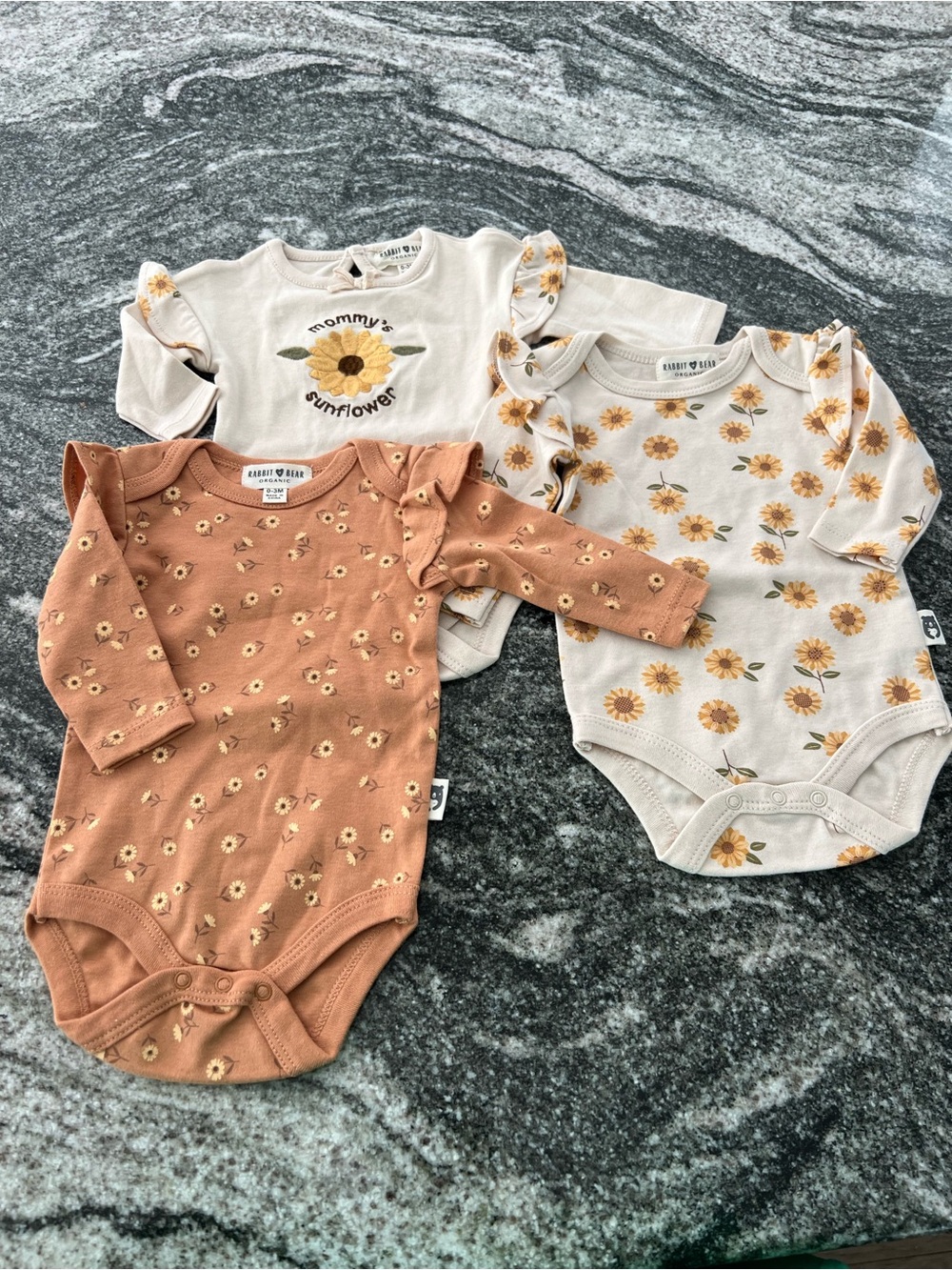 3-Pack Baby One-Piece Bodysuits in Cream & Brown Sunflower Prints